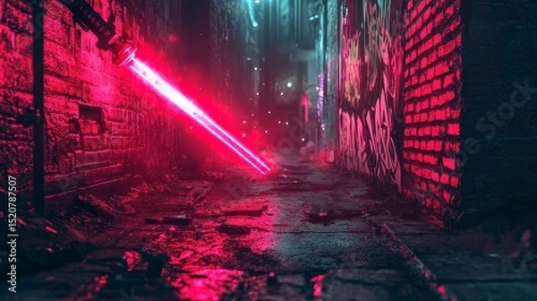 Fototapeta Narrow alleyway with brick walls illuminated by red and teal neon lights.