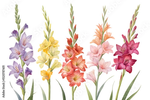 Fototapeta gladiolus flower stalks in multiple colors - beautiful floral display isolated on transparent background