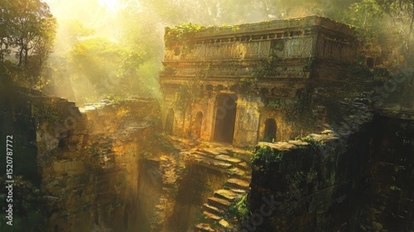 Fototapeta Ancient stone structure in jungle environment with sunlight shining through foliage.