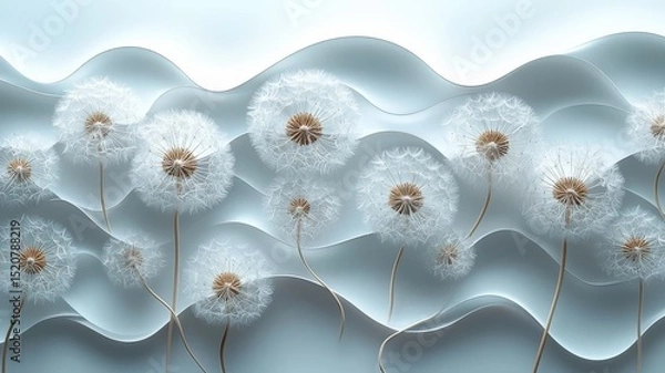 Obraz Delicate dandelion seeds gracefully swaying against a soft, wavy backdrop, evoking a sense of tranquility and natural beauty.