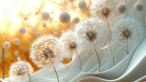 Obraz Whimsical Dandelion Seeds Dancing in a Soft Breeze Against a Warm, Dreamy Background, Perfect for Nature and Wellness Themes.