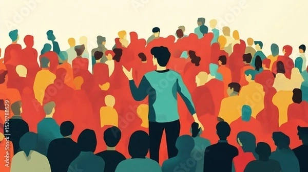Fototapeta Speaker addressing a crowd illustration with dynamic abstract figures