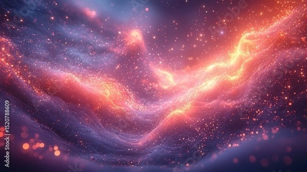 Fototapeta Vibrant cosmic swirl of glowing particles and ethereal waves, creating a mesmerizing abstract background for digital art and design projects.