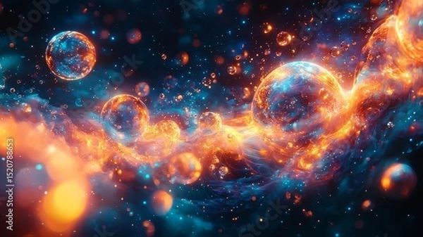 Obraz Vibrant cosmic scene featuring glowing orbs and swirling nebulae, evoking a sense of wonder and exploration in the universe.