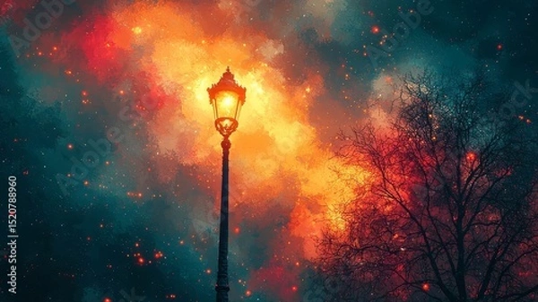 Obraz Enchanting street lamp illuminating a vibrant, cosmic night sky, blending warm and cool tones for a magical, atmospheric scene.