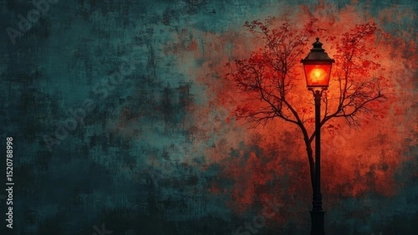 Fototapeta Enchanting street lamp illuminating a vibrant autumn tree against a textured backdrop, creating a warm and inviting evening atmosphere.