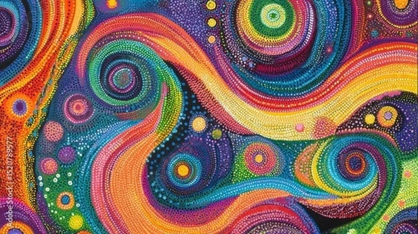 Fototapeta Colorful abstract painting with swirling shapes and circles creates a vibrant artistic design.