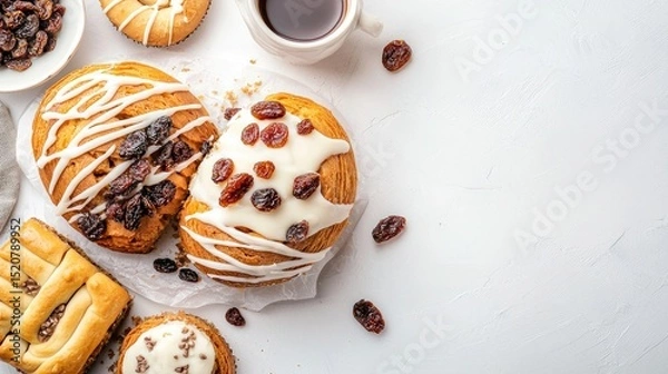 Fototapeta Delicious Fresh Pastries with Raisins and Coffee on Light Background