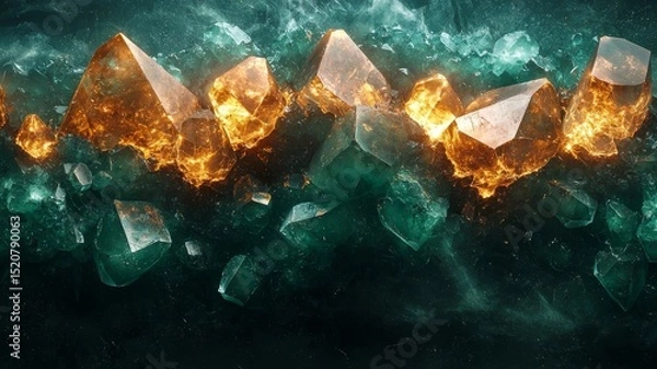 Obraz Vibrant crystal formations with glowing orange highlights against a dark, textured background, perfect for fantasy or gemstone-themed projects.