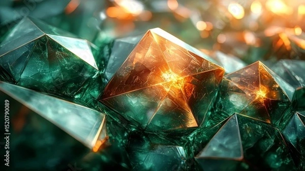 Obraz Vibrant green and orange crystalline formations reflecting light, showcasing intricate textures and depth, perfect for luxury and nature-themed designs.
