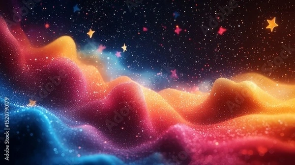 Obraz Vibrant cosmic landscape with colorful waves and twinkling stars, evoking a sense of wonder and imagination for creative projects.