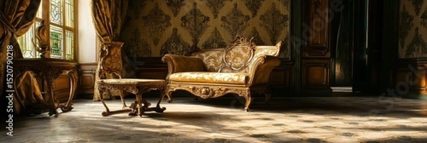 Fototapeta Ornate furniture in a room with patterned wallpaper and natural light.