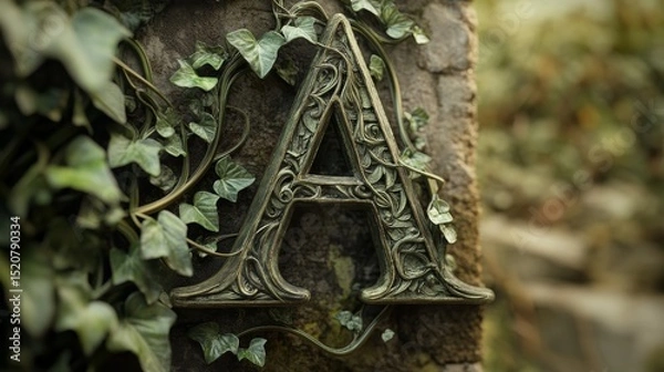 Fototapeta Stone pillar with letter A covered in ivy in a blurred outdoor setting.