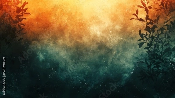 Obraz Enchanting misty landscape at dawn, featuring vibrant orange and teal hues with silhouetted foliage, perfect for nature-themed projects and tranquil settings.