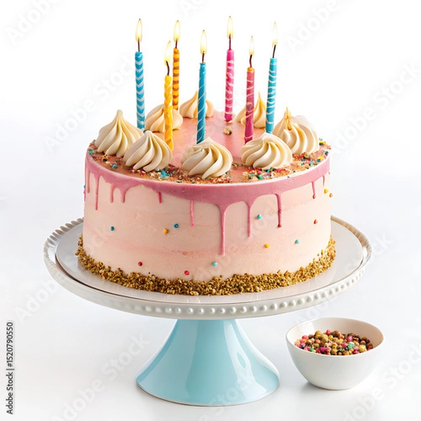 Obraz Festive Cake with lit candles: A beautifully decorated cake sits elegantly on a pedestal, crowned with lit candles creating a festive atmosphere