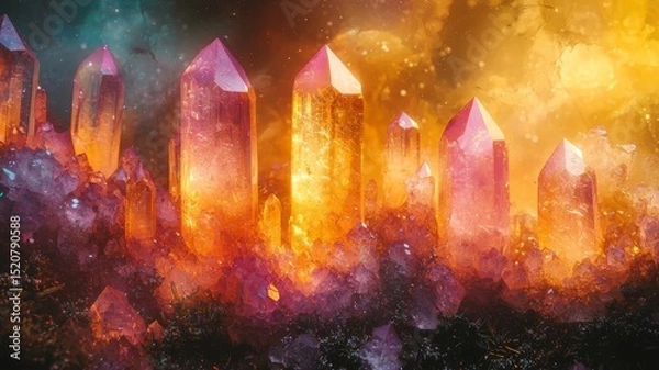 Obraz Vibrant crystal formations glowing in a mystical landscape, radiating warmth and energy, perfect for fantasy and wellness themes.