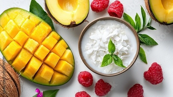 Fototapeta Fresh Mango and Coconut Cream with Raspberries on White Background