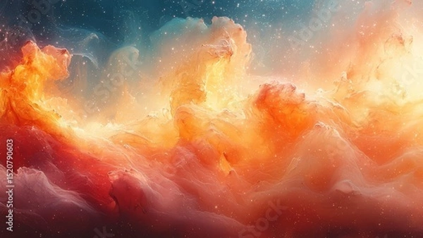 Obraz Vibrant cosmic nebula with swirling clouds of orange and blue, evoking a sense of wonder and exploration in the universe, perfect for sci-fi and space-themed projects.