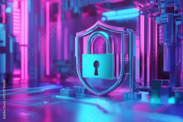 Fototapeta Cyber security concept featuring a digital padlock and shield in an abstract neon environment, Internet account with padlock and shield Cyber security and privacy concept 3D render