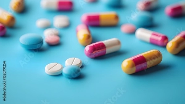 Fototapeta Sweet lollipop and colorful chocolate candy pills on blue background