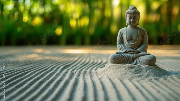 Fototapeta Peaceful statue of buddha on a sand raked surface.