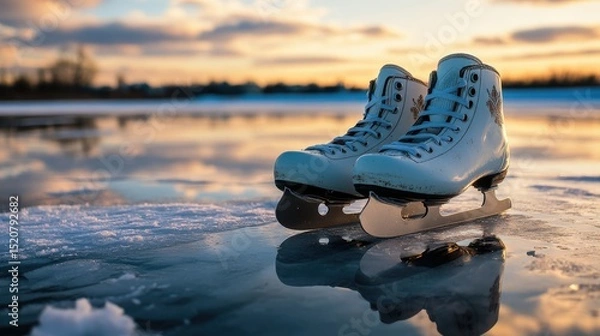 Fototapeta Ice skates resting on a frozen lake at sunset.