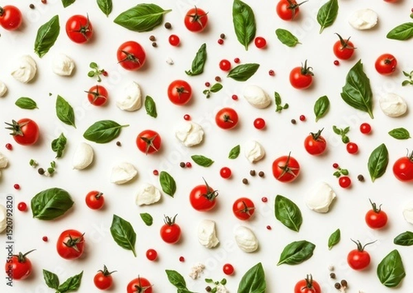 Obraz A flatlay of cherry tomatoes, mozzarella balls, basil leaves, and peppercorns arranged on a white background in a repeating pattern