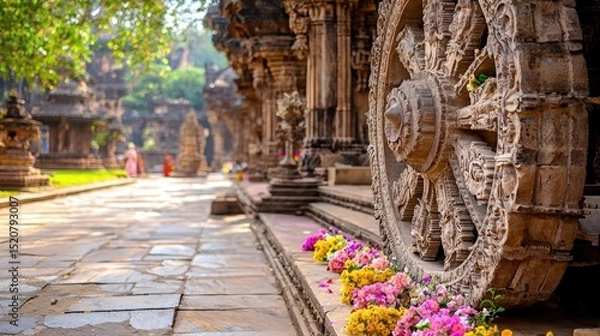 Fototapeta Intricate Stone Wheel Detail at Ancient Temple in Sunny Setting