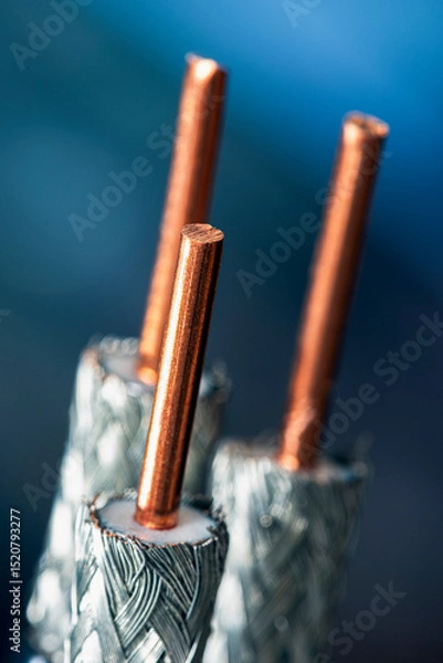 Obraz Coaxial cable with exposed shielding and central conductor, on a dark background, close-up view