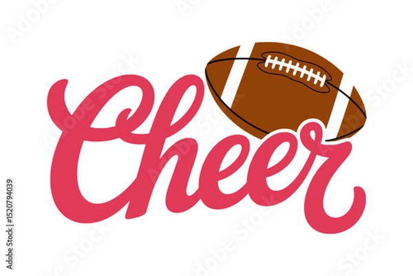 Fototapeta Cheer Script with Football and Bow Design, Playful cheerleading graphic featuring pink script text, a football with stitches, and a matching pink bow for spirited sports themes.

