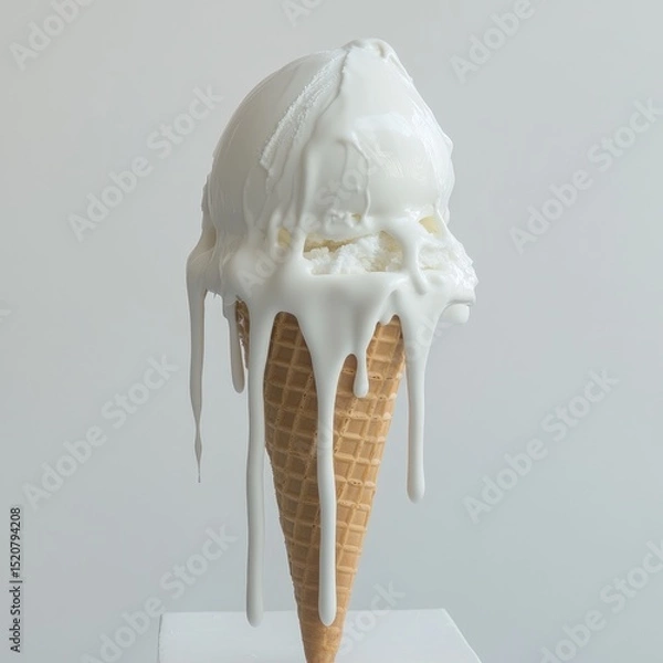 Fototapeta Melted white ice cream scoop atop a waffle cone, dripping onto a small white pedestal against a stark white background