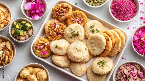 Fototapeta Colorful Assortment of Traditional Indian Sweets and Snacks Displayed