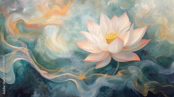 Fototapeta White lotus flower with soft background in shades of blue and beige.