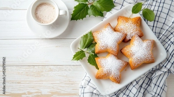 Fototapeta Delightful Star-Shaped Pastries with Powdered Sugar and Coffee