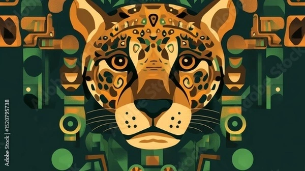 Fototapeta Jaguar head illustration with geometric patterns in green brown and gold colors.