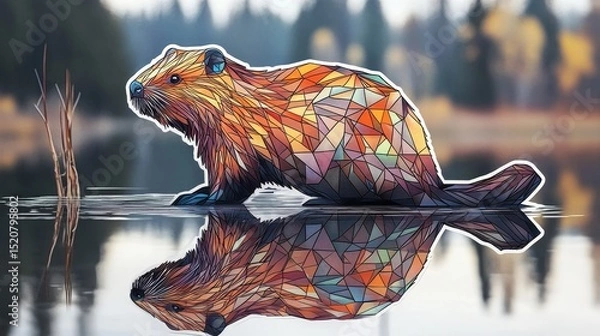Fototapeta Beaver in water with reflection trees and foliage in the background.