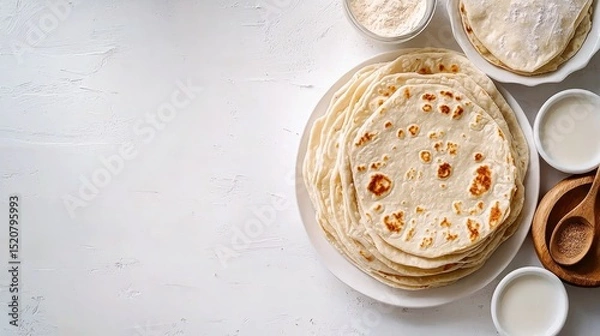 Fototapeta Freshly Made Flatbreads on a White Wooden Table Surface
