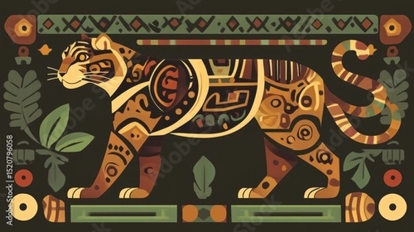 Fototapeta Stylized decorative illustration of a jaguar with geometric and floral elements.
