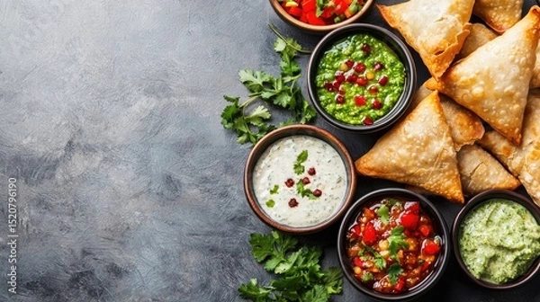 Fototapeta Delicious Indian Samosas with Colorful Dips on Rustic Table
