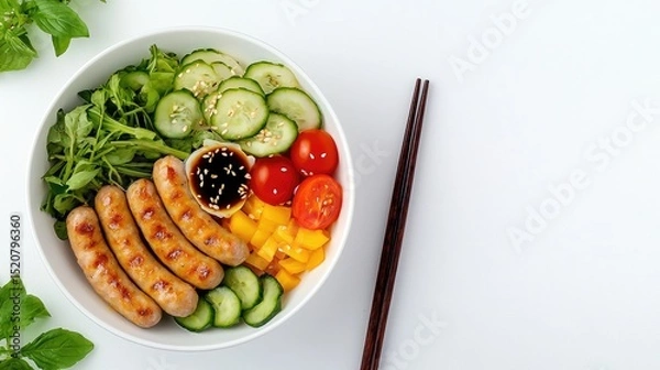Fototapeta Fresh and Colorful Bowl of Salad with Sausages and Vegetables