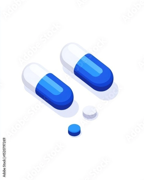 Fototapeta Two isometric blue and white capsules with two smaller pills
