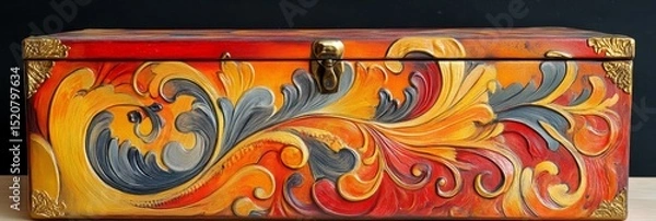 Fototapeta Ornate wooden box with a latch featuring painted swirling patterns in warm colors.
