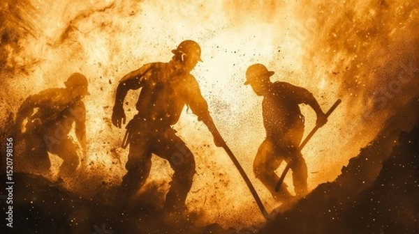 Fototapeta Three workers in protective gear stand amidst intense heat and bright light.