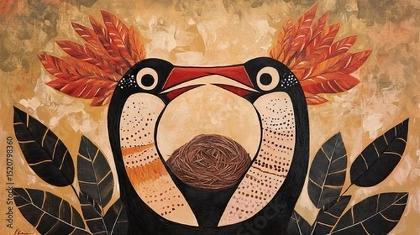 Fototapeta Stylized bird illustration with red feathers and black leaves on textured background.