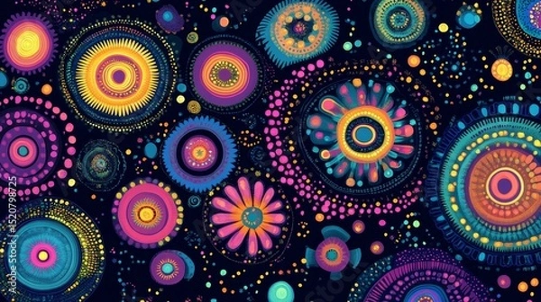 Obraz Colorful circles and dots create an abstract decorative pattern against a dark background.