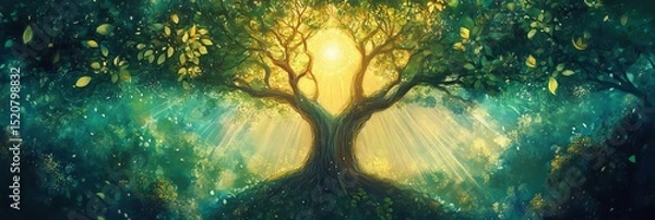Fototapeta Stylized tree of life illustration with glowing foliage and mystical background.