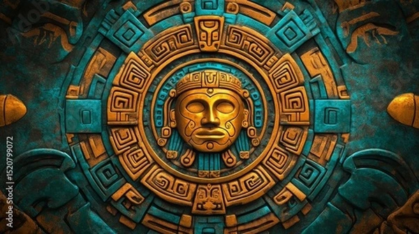Fototapeta Intricate aztec style carving with a face in the center gold and teal.