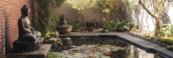 Fototapeta Buddha statues in a garden setting with a pond and greenery.