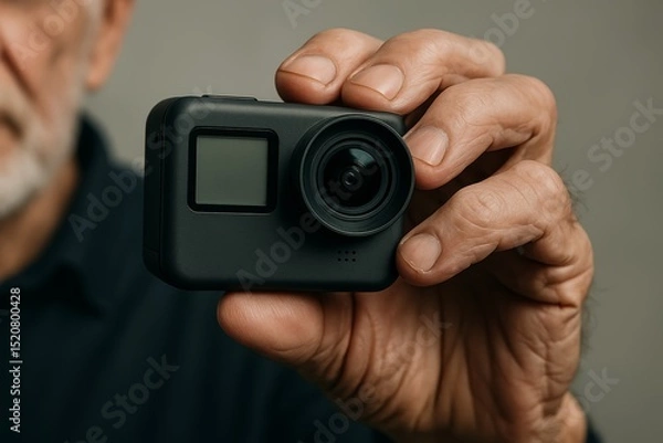 Fototapeta Elderly man holding an action camera in his hand. Close-up shot of compact digital video device, modern technology use by senior.