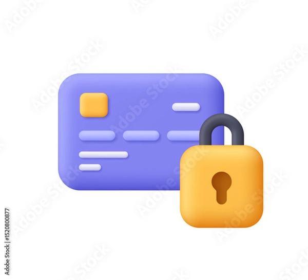 Obraz Credit card and padlock. Secure money payment, financial service security concept. 3d vector icon. Cartoon minimal style.